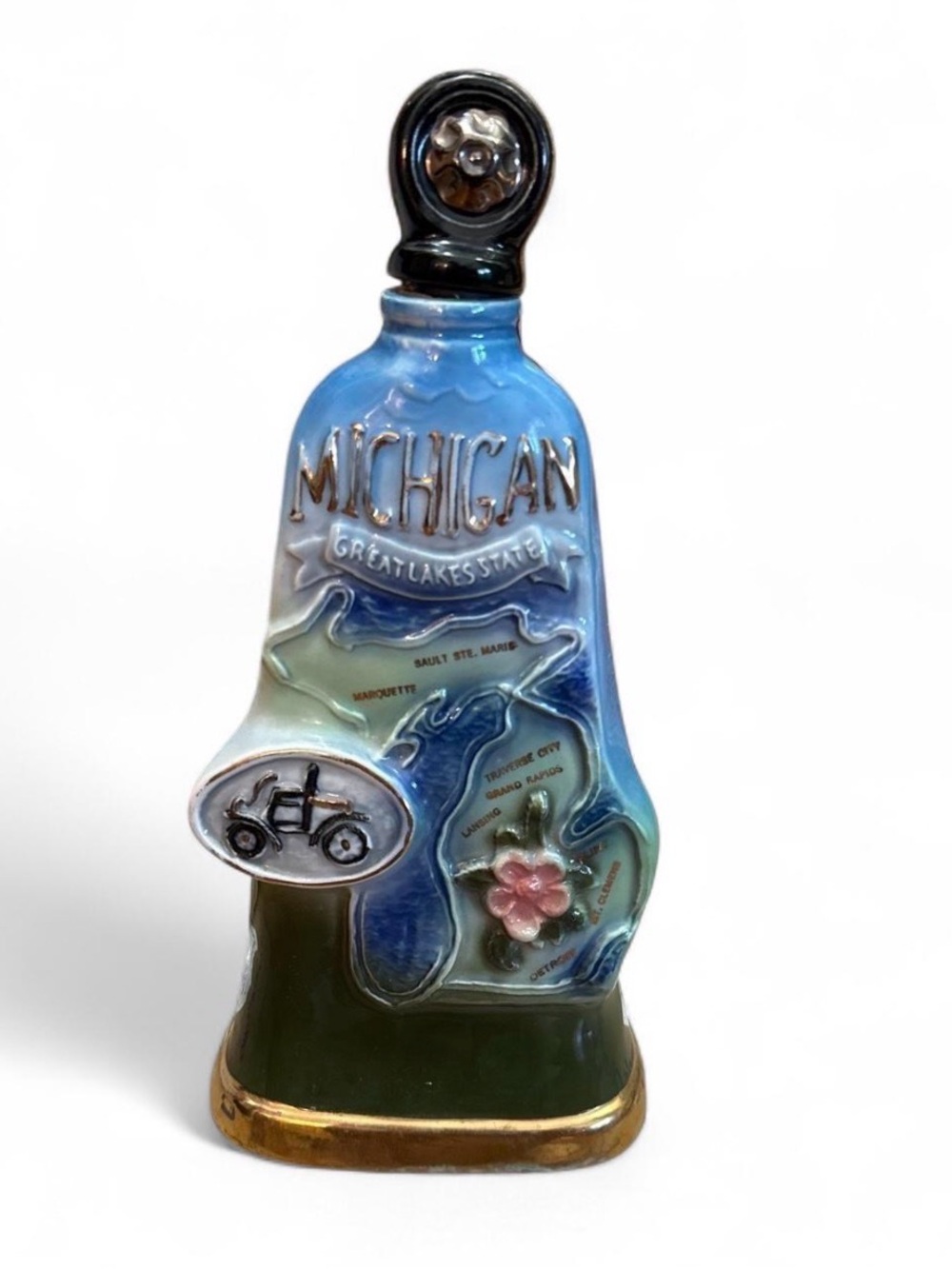 Michigan Ceramic in Blue and Green Great Lakes Jim Beam Whiskey Decanter